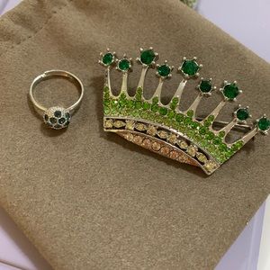 Crown Brooch and adjustable ring with blue stones bundle